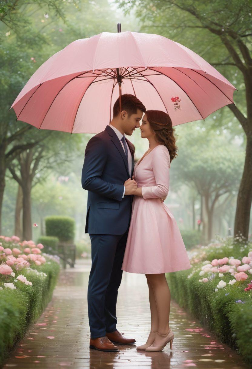 A cozy couple embracing each other under a protective umbrella made of insurance symbols, surrounded by floating hearts and gentle nature elements like flowers and trees. The scene radiates warmth and security, with soft pastel colors and a dreamy atmosphere. Super-realistic. Vibrant colors. Soft background.