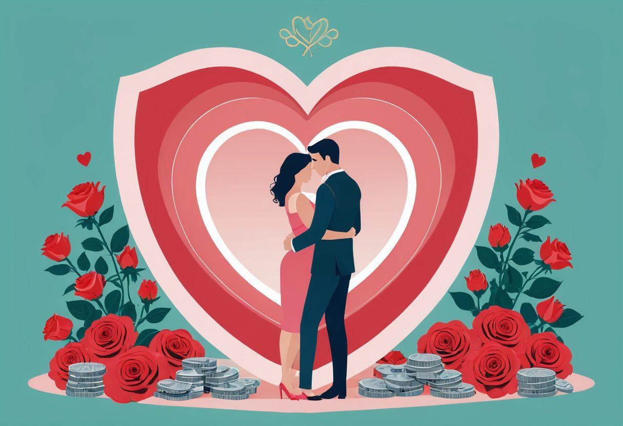 A couple embracing each other under a protective heart-shaped shield, surrounded by symbols of love like roses and wedding rings on one side, while on the other side, stacks of coins and financial graphs represent security. The backdrop should blend romance with finance, featuring warm colors on one side and cool tones on the other. whimsical style. bright, contrasting colors.